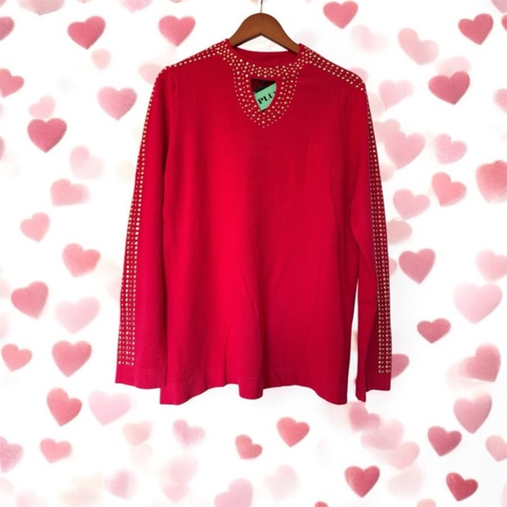 Oliver O. Plus Size 2X Top Red Valentines Sweater With Gold Dazzle On‎ Sleeves